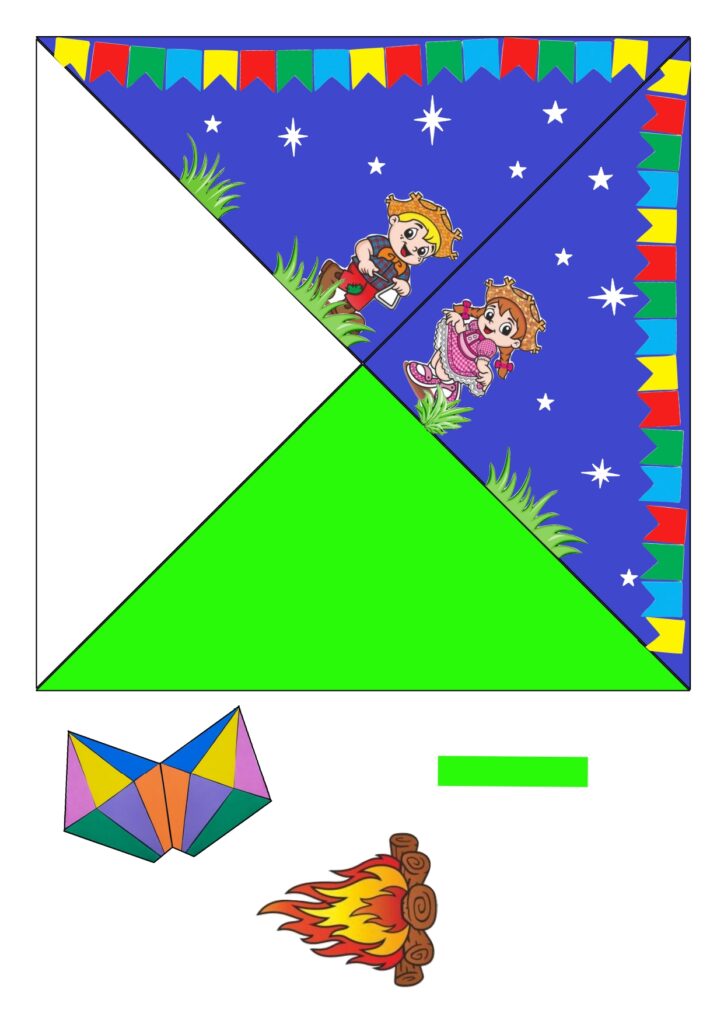 Folha com cenario do triorama dois caipiras ceu estrelado com bandeirinhas, fogueira e balao para recortar. Triorama Junino - Guia Completo e Passo a Passo