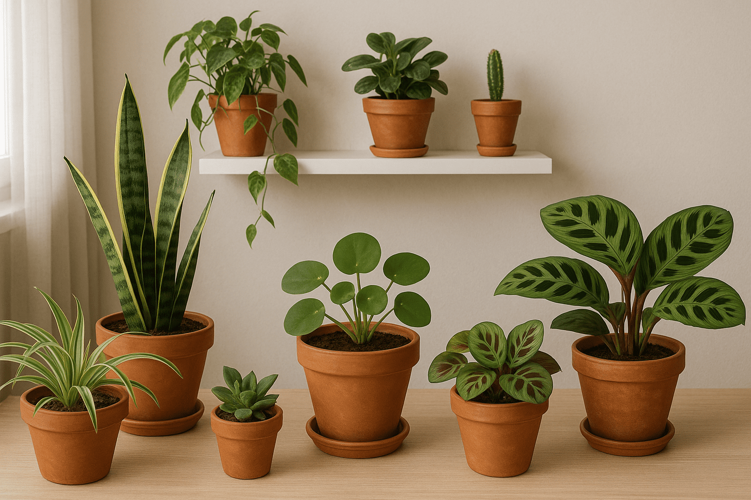 imagem com 3 vasos pequenos de plantas na parede e 5 vasos sobre uma mesa