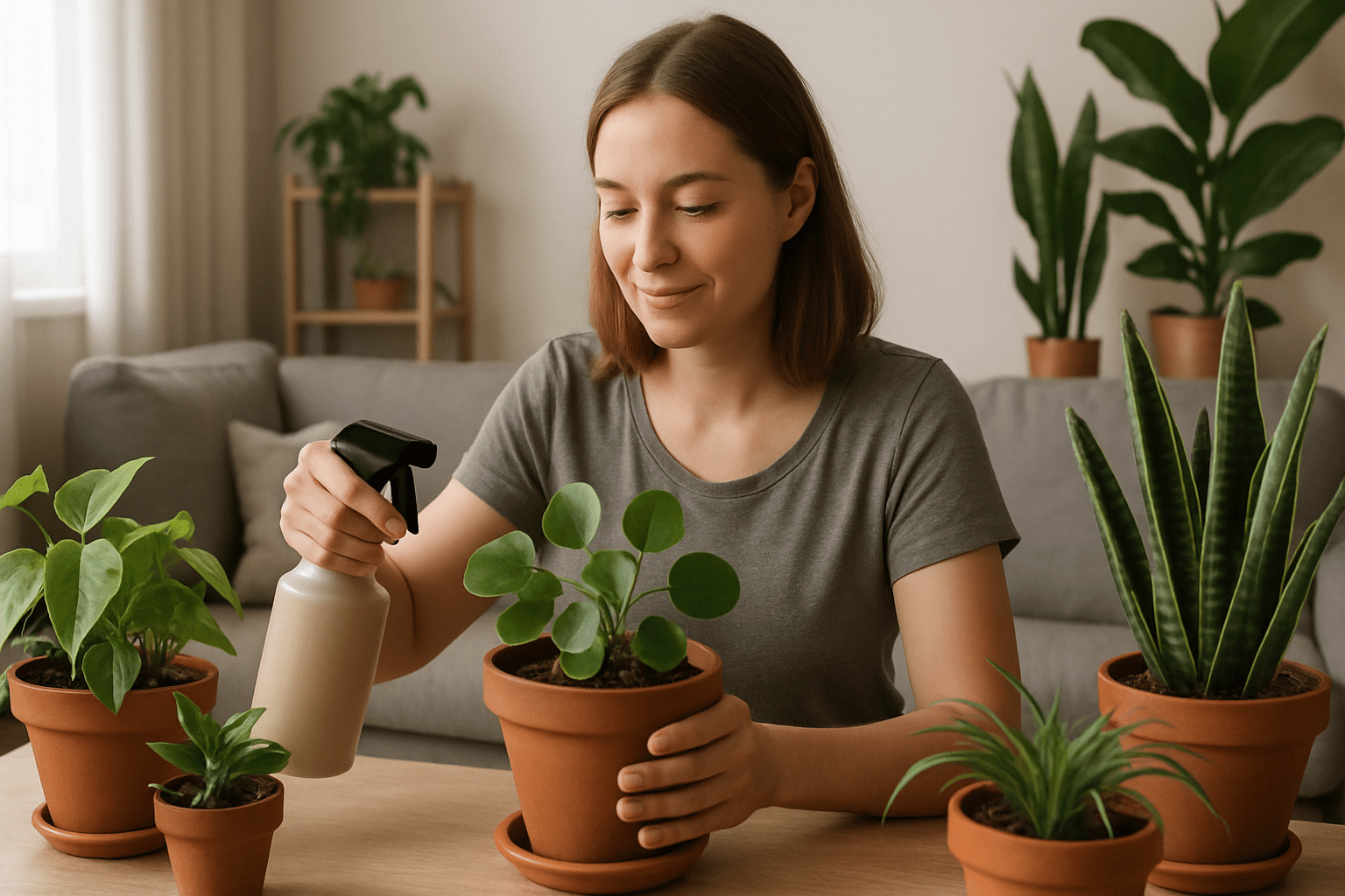 imagem de uma mulher segurando borrifador e molhando um pequeno vaso de planta