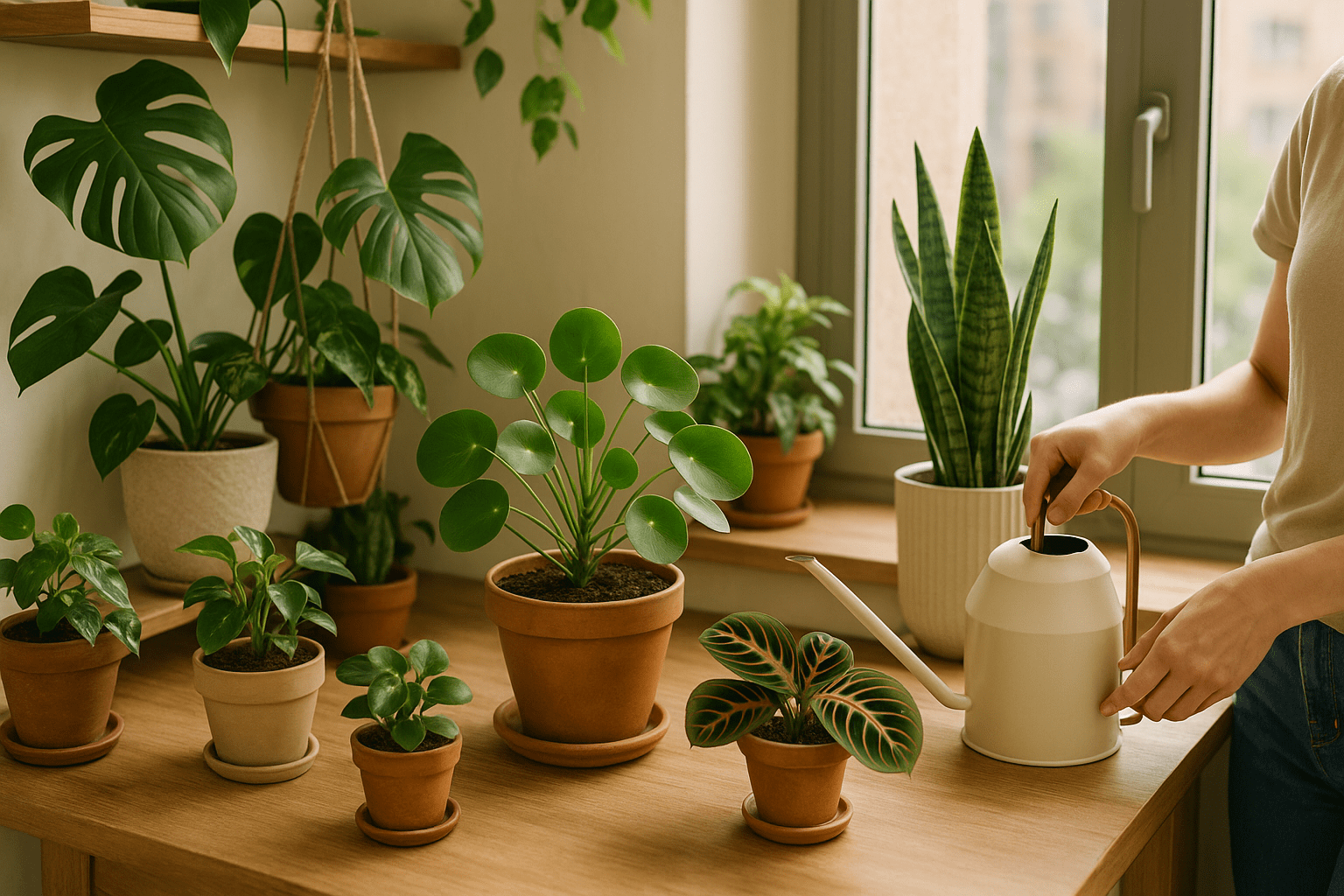 imagem de uma bancada com pequenos vasos de plantas